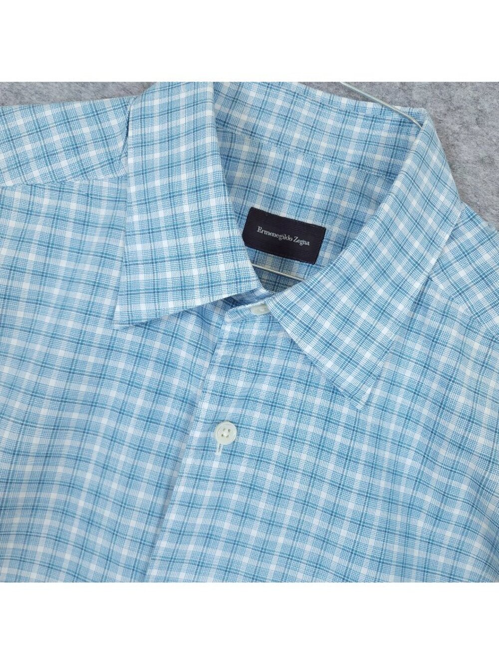 Ermenegildo Zegna Button Up Shirt Mens Medium Aqua Blue Plaid Cotton Long Sleeve